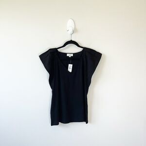 Loft Flutter Sleeve V Neck T-Shirt Top 100% Cotton Black Women's Medium NWT's